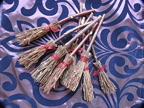 Besom broom (ref 76) Handmade from BIRCH. 21cm - 22cm. Wiccan, Alter Witches broomstick. burgundy red organza ribbon. inscription option available.