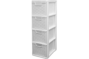 SIDSONS - Medium Rattan Effect Drawer Storage Unit Plastic Cabinet with Spacious Drawers for Home Office Bedroom Living Room Organisation Durable Stylish Lightweight Design (Rattan White, 4 Tier)