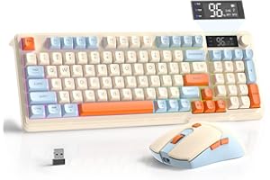 FREEWOLF T96 Clavier et Souris sans Fil, Bluetooth & 2,4G, Touches PBT, Molette Multimédia, Écran LCD, Silencieux, Anti-Ghosting, Disposition QWERTY, Rechargeable, pour Mac/Windows/Linux - Myrtille