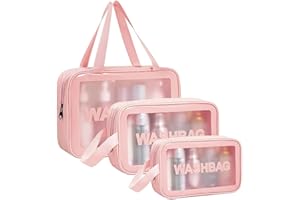 Aucuu 3PCS Bolsas Neceser Transparente, Neceser de Aseo Transparente, Bolsa de Cosméticos Impermeable con Cremallera, Viaje,Vuelo-Rosa