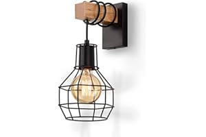 ENCOFT Lampada da Parete Interna Gabbia Vintage, E27 Applique da Parete Industriale, Luce Illuminazione da Muro in Metallo e Legno, per Soggiorno Camera da Letto, Nero