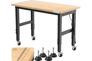 LARBANKE Adjustable Workbench 120 cm, Wooden Workstation with Graduated Lines, 85-105 cm Heights, 900 kg Load Capacity, Heavy Duty Workbench with Wheels and Footrest