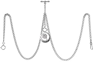TREEWETO Reloj de bolsillo con cadena doble Albert para hombre, 3 ganchos con colgante de trébol de cuatro hojas antiguo de la suerte, barra en T, plata, Antiguo