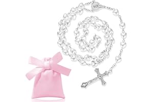 Otuuz Collar Católico de Cuentas de Rosario de Vidrio de Metal Plateado Collar Largo Religioso de Oración Sagrada con Colgante de Crucifijo Medalla Cruz y Bolsa de Cordón de Terciopelo