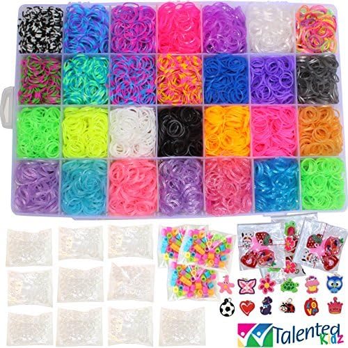 8500 RAINBOW RUBBER BANDS in 28 COLORS, 24 CHARMS, 500 S CLIPS & 150 BEADS. REFILL & STORAGE ORGANIZER MEGA COMBO LOOM: 28 Colors, 24 Charms, 150 Beads, 500 Clips: GOLD, SILVER, METALLIC, TIE-DYES, GLOW IN THE DARK, JELLYS, NEONS. Case with 28 Compartments. This is a refill kit, without a loom. Fits the rainbow loom when some compartments are removed., NO QUESTION ASKED. TALENTED KIDZ EXCLUSIVE