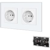 BSEED Wall Plug with Glass Panel, White Double Schuko Plug with Clips, 16A 250V Recessed Power Outlets, Wall Plug Apply for K