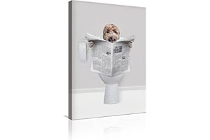 MKHFUW Toile murale moderne - Animaux amusants assis sur les toilettes - Images de journaux - Pour la salle de bain et la chambre à coucher - Sans cadre (chien, 70 x 100 cm)