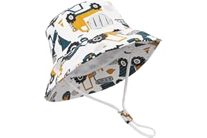 JUPSK Dziecięcy kapelusz przeciwsłoneczny, dziecięcy kapelusz typu bucket hat lato plaża dziedziniec zabawa ochrona przed promieniowaniem UV czapka miękka oddychająca regulowana bawełniana czapka z nadrukiem koparki, Biały koparka, 2-4 lat