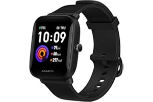 AMAZFIT Health Montre connectée avec mesure SpO2, autonomie de 9 jours, respiration, fréquence cardiaque, stress, surveillance du sommeil, contrôle de la musique, étanche, 60 modes sportifs, écran HD (noir)