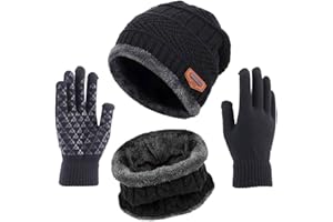 TMEOG Chapeau Tricot, Ensemble d'hiver Tricotés Chaud Bonnet Écharpe Gants pour Hommes et Femmes, 3 Pièces