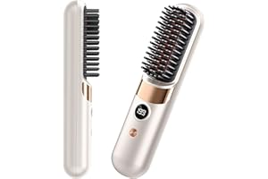 HRYYDS Go Brush Pro UK Cordless Hair Straightener Brush - Portable Rechargeable Ceramic Styling Brush with 4 Adjustable Heat Modes & LED Display, Perfect for Travel & Everyday Use (Cream White)