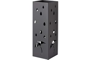Baroni Home - Paragüero Cuadrado de Metal con Diseño de Paraguas con Gotas de Lluvia, con Gancho y Bandeja Recogegotas Desmontable, 15,5x15,5x49 cm, Negro