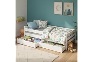 ‎BELLABINO Bellabino Kuru Kinderbett 90x200 cm – Jugendbett mit 2 Schubladen - Kinder Bett mit Rausfallschutz & Lattenrost – Einzelbett für Jungen und Mädchen für Kinderzimmer – Kids Bed mit Stauraum in Weiß