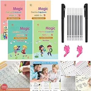 PIXXELO Magic Practice Copybook, (4 BOOK + 1 Pen + 10 REFILL + 1 Grip ) Number Tracing Book for Preschoolers with Pen, Magic calligraphy books for kids Reusable Writing Book { Extra Free (1Pen + 5Refill + 1 Grip) }