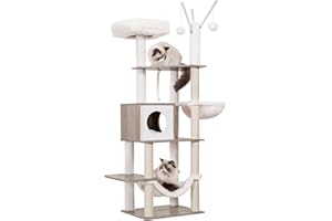 Hey-Brother Arbre à Chat, Tour de Jeux Moderne 141 cm, Meuble pour Chats d’Intérieur avec Griffoirs, Coussins Amovibles, Panier et Pompon, Gris Vintage EMPJ120-MSG