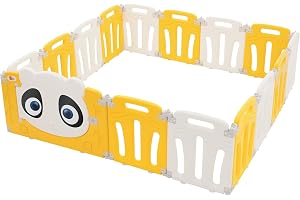 Joyz Baby Lekhage 160×160 cm Hopfällbar Barnhage med Dörr och Interaktiv Lärande Klocka Panda-Design Vit-Gul Plastgrind för Barn Inomhus och Utomhus Säkerhetsbarriär Babystaket Krypgrind för Småbarn
