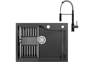 ANYCEE 60x45 cm Lavello Nero Inox con Rubinetto, Lavello Cucina 1 Vasca Nero con Foro e Cestello, Lavandino Cucina per Mobile da 60cm