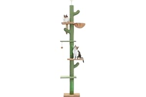 PAWZ Road Kaktus Kratzbaum Boden bis zur Decke Katzenturm mit Einstellbarer Höhe (229-275cm), 5 Ebenen Katzenturm mit gemütlichen Hängematte, Plattformen und baumelnden Kugeln