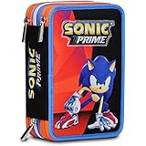Seven Astuccio Scuola 3 Zip Sonic Prime, Rosso Blu, Portapenne Triplo Scomparto Completo Di Penne, Matite e Colori, Accesssor