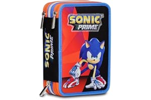 SEVEN Sonic Astuccio Scuola Elementare 3 Scomparti, COME AND GET ME, Blu Rosso, Contenuto 43 pz, Completo di Matite, Penne, Pennarelli, Portapenne Scuola Bambino Elementari