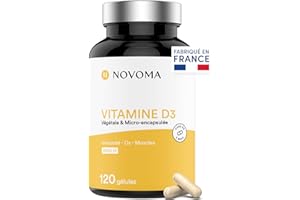 NOVOMA Vitamine D3 2000 UI/j, Vitamine D Naturelle Micro-encapsulée - Haute Absorption, Système Immunitaire, Santé des Os & Muscles, Cure de 2 mois, 120 gélules, Fabriqué en France