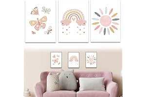AUEFUDQ Juego de 3 pósteres para habitación infantil,decoración de pared,Laminas Decorativas,arcoiris, sol, nubes Cuadros de Niña para Habitación Infantil, A4(sin Marco)