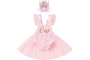 IBAKOM Vestido Bebé Niñas mi Primer cumpleaños tutú Mameluco Body de Encaje Volantes Las Mangas Traje utilería fotografía Primer Diadema Regalo Vestido Verano Encaje