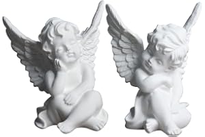 zyxqq 2 Set of Little Angel Statue Figurines, Resin Cherubs Statue with Wings Sleeping Thinking Angle Sculpture for Home Living Room Desktop Office Decoration (White)