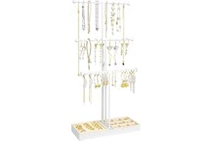 JUPELI Schmuckständer, Höhenverstellbar Schmuckhalter, 3 Stäben Kettenständer Ohrringhalter, T Bar Kettenhalter Schmuckaufbewahrung mit Tablett Samtbox für Ketten Ringe Ohrringe Armbänder, Weiß