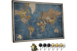 CANVASCALE Carte du monde en toile avec tableau d'affichage en liège - Labels en Français - Décoration murale décorative pour toutes les pièces - Tableaux sur toile (90x60 cm, Motif 13 French)