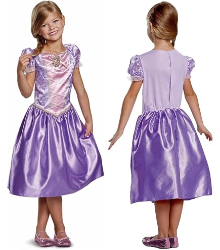 Déguisement Raiponce Enfant – Robe Violette, Perruque, Couronne, Baguette, Collier, Gants – Cosplay, Anniversaire, Halloween