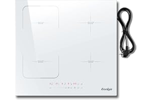 Cooksir Piano Cottura Induzione Bianco, Piano Cottura Induzione a 4 Fuochi con Spina, 4 Piastre da Incasso 59cm, 3500Watt, Vetro Bianco, Zona Combinata, 220V, 50Hz