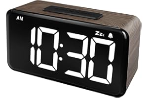 NOKLEAD Cyfrowy budzik do sypialni: duży wyświetlacz LED 5,9", funkcja drzemki 9 minut, 2 poziomy głośności, 5 poziomów jasności, 12/24 godziny, zasilanie adaptera (Deep Wood Grain)