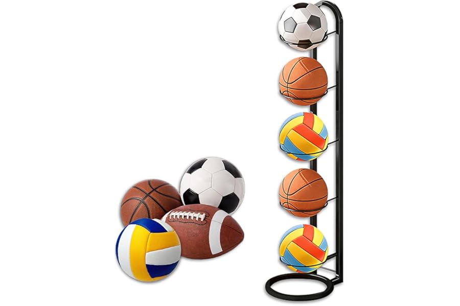 KBIBCK Ball Storage Rack, 5-Layer Football Stands for Balls, Ball Rack, Vertical Metal Removable Basketball Storage Rack for Storing Footballs, Soccer, Basketballs, Volleyballs, Black
