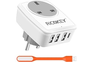 RICOKEY Travel Adapter UK to EU Europe Plug Adaptor with USB C, Grounded European Power Adapter 4 USB Wall Charger for Germany Spain France Turkey Greece Iceland Poland and More (Type E/F)