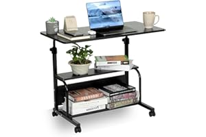 JANDTEK Scrivania pc con ruote - Scrivania computer 60x40 cm - Tavolino pc piccolo con ripiano inferiore - Scrivania regolabile in altezza -Scrivania salvaspazio (NEGRO 1)