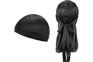 RAMONI Wave Cap Durag Mens,Long Tail Headwraps Satin Silk Head Wrap 1Pieces Silk Wave Cap and1Pcs,Silky Durag Caps Men Women Comfortable and Fashionable Everyday Accessory Black Hair Loss Chemo Cap Wave Caps