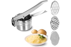 VEHOUKLI Spaghettieispresse,Manuelle Kartoffelpresse,Professionell Kartoffelstampfer aus Edelstahl mit 3 austauschbaren Scheiben,Kartoffelpresse Edelstahl für Kartoffelpüree,Babynahrung,Zitrone Auspressen