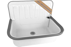 ‎KÖR4U kör4u Ausgussbecken weiß 50cm, aus robustem Stahl für Keller, Waschküche, Garten, Spülbecken, inkl. Abflussstopfen