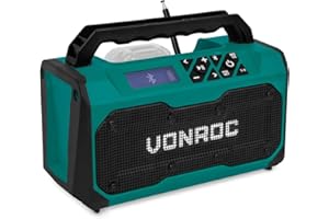 VONROC Radio de Chantier sans Fil 20V - Bluetooth, FM, USB, Haut Parleur, Enceinte - Port Bass-Reflex - Gamme de Fréquences Radio : 87,5 à 108MHz - Batterie & Chargeur Non Inclus