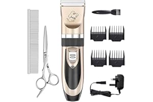 Dog Clippers, Everesta Low Noise Rechargeable Cordless Pet Dogs and Cats Electric Grooming Clippers Kit with Shears and Comb (Gold+Black)