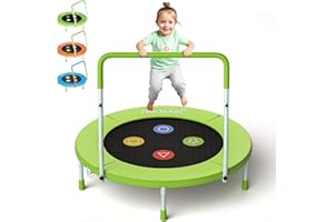 JOY SPOT! 3FT Kids Trampoline with Adjustable Handle, 36” Foldable Mini Trampoline for Ages 1-6, ASTM Certified Indoor Rebounder, Geometric Jumping Mat, No-Gap Silent Elastic Bands, Max Load 100 lbs