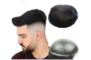 N.L.W. NLW Peluca para hombres de 0.06mm Piel delgada de cuero de la PU V-Loop Nudos Pelucas Natural Europea Real Base de pelo humano 8 * 10 pulgadas Estilo libre Densidad media 110%(1negro intenso)