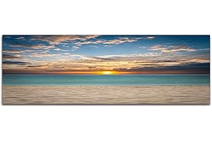 Paul Sinus Art Panoramabild auf Leinwand und Keilrahmen 120x40cm Meer Sandstrand Sonnenuntergang Wolken