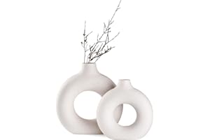 Sawoake Weiße Donut Keramik Vase Satz von 2 für Moderne Home Decor, Runde Matte Vasen für Pampasgras, Neutral Boho Nordic Minimalismus Stil Blumenvasen（Groß+klein）