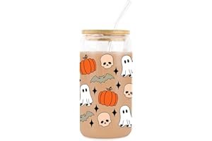 CharmBurst Halloween Vaso de Vidrio con Tapa y Pajita, diseño de Calabaza, Fantasma y Calavera de 16 oz, Vaso de café Helado Espeluznante, Vaso de otoño Regalo para Mujeres Adolescentes decoración