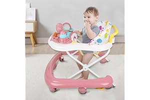 WILLONIN Trotteur bébé garçon avec fonction pousseur, Marchette Evolutif Bébé avec Boîte à Musique et Lumières, Coussin de Siège Lavable pour Enfants de 6 à 18 Mois-62 * 68 * 36-81cm, Rose