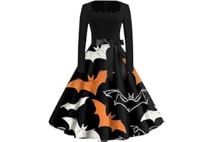 BTBDYDH Halloween Dress Retro Long Sleeve V Neck Dress Flare Vintage Hepburn Dresses Pumpkin Bat Witch Printed Cosplay Party Costume Cocktail Swing Dress Cute Novelty Gothic A-line Dress