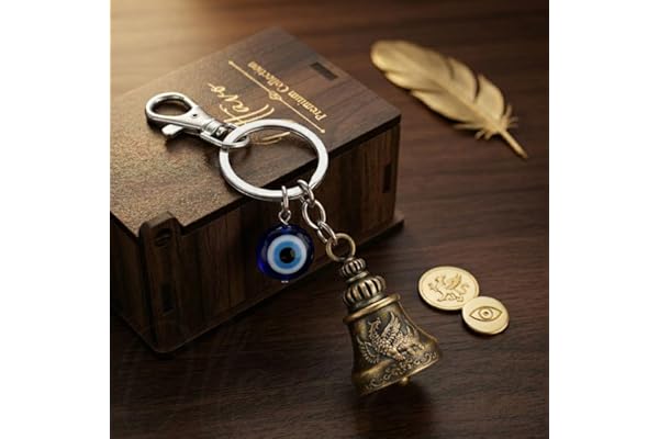 OTTAVO Premium Guardian Bell Keychain for Bike & Car Tibetan Texture Bell Keychain with Evil Eye & Silver Hook Good Luck Charm with Laser-Engraved Wooden Gift Box