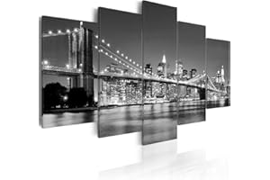 decomonkey Cuadro Lienzo New York 200x100 cm 5 piezas Impresión Decoración Cuadro De Pared Material Tejido no Tejido Gráfica Foto Salon Horizonte Panorama América Ciudad Arquitectura Noche Negro Gris